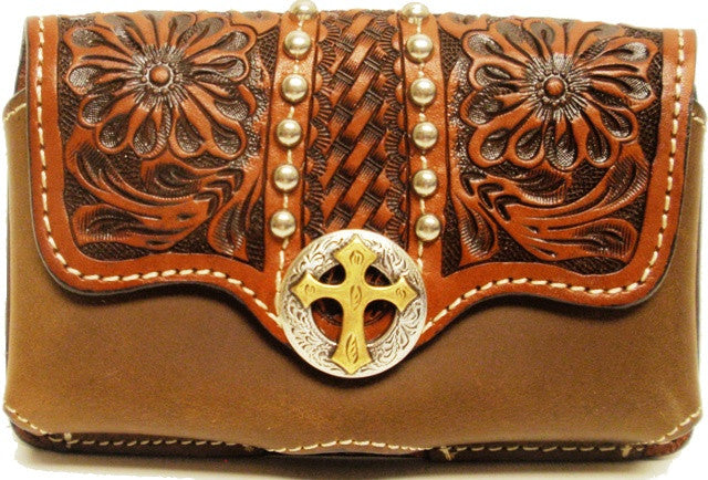 Western Tan Tooled Cell Phone Holder with Cross Concho for iPhone 4 and Blackberry