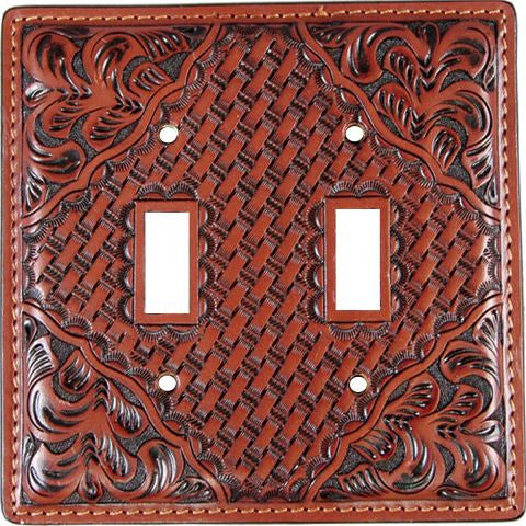 Western Tan Leather Double Switch Plate