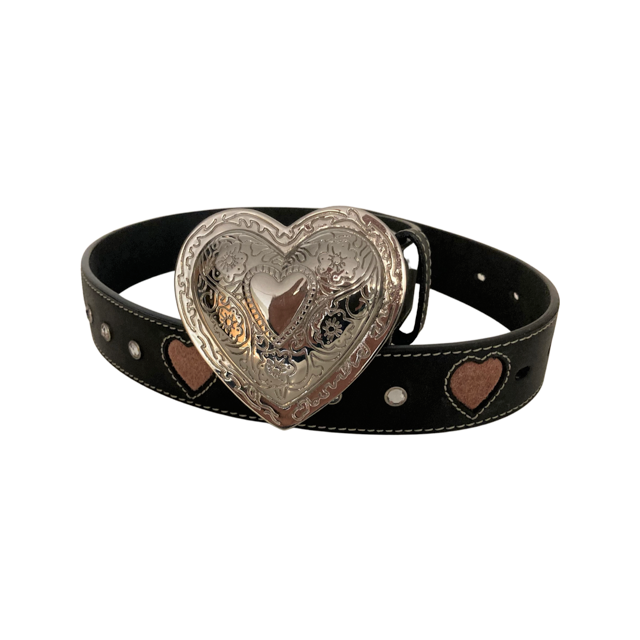 Ladies’ Black Leather Belt with In-Lay Pink Hearts – 1″ Wide