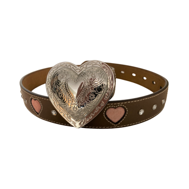 Ladies’ Brown Leather Belt with In-Lay Pink Hearts – 1″ Wide