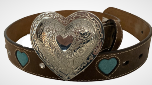 Ladies’ Brown Leather Belt with In-Lay Blue Hearts – 1″ Wide