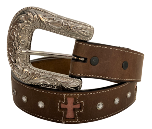 Ladies’ Brown Leather Belt with In-Lay Pink Crosses – 1″ Wide