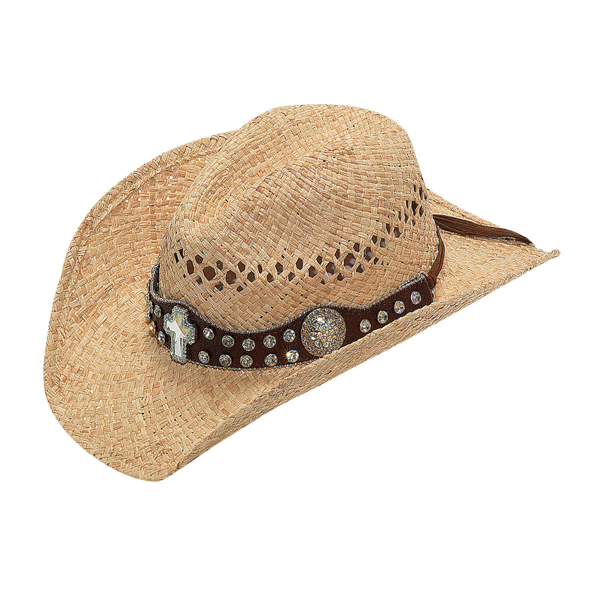 Raffia Straw Hat with Rhinestones and Cross Hatband