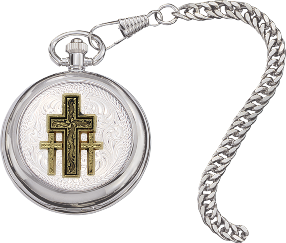 Triple Cross Silver Inlay Pocket Watch