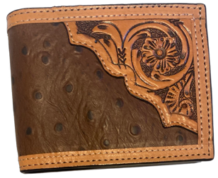 Western Ostrich and Tan Tooled Leather Bi-Fold Wallet