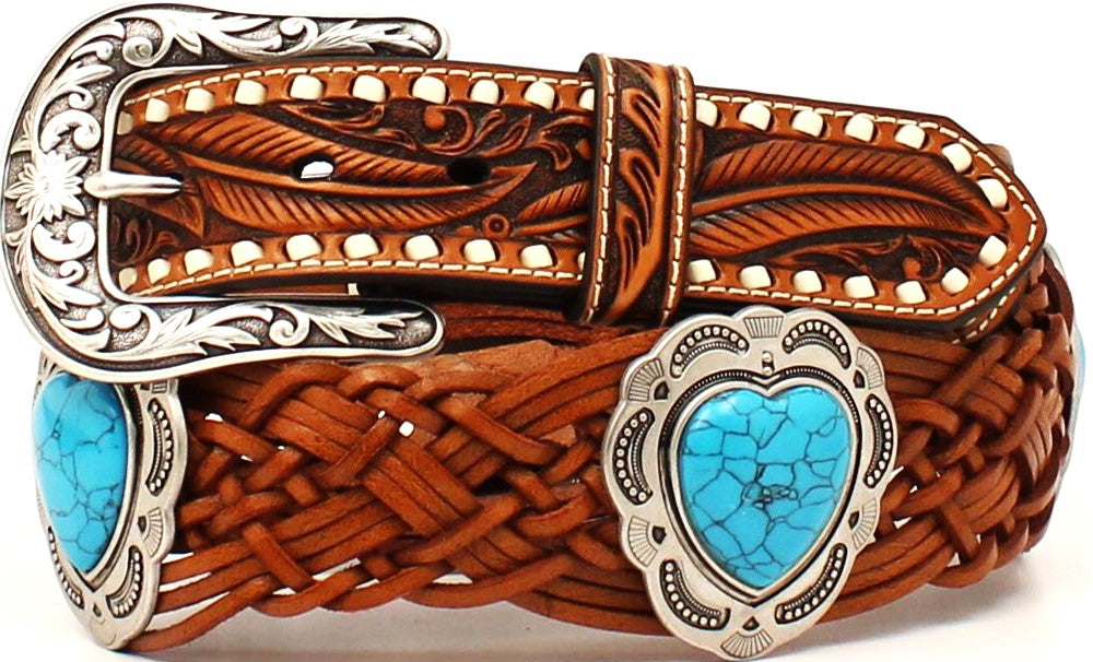 Ladies’ Western Tan Braided Belt with Heart Conchos (1-1/2″)