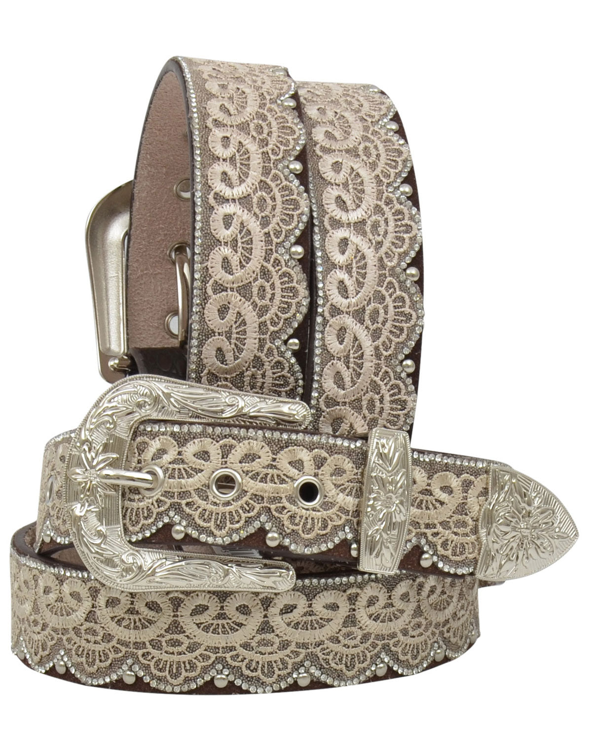 Ladies’ Lace Brown Leather Belt with Clear Crystals