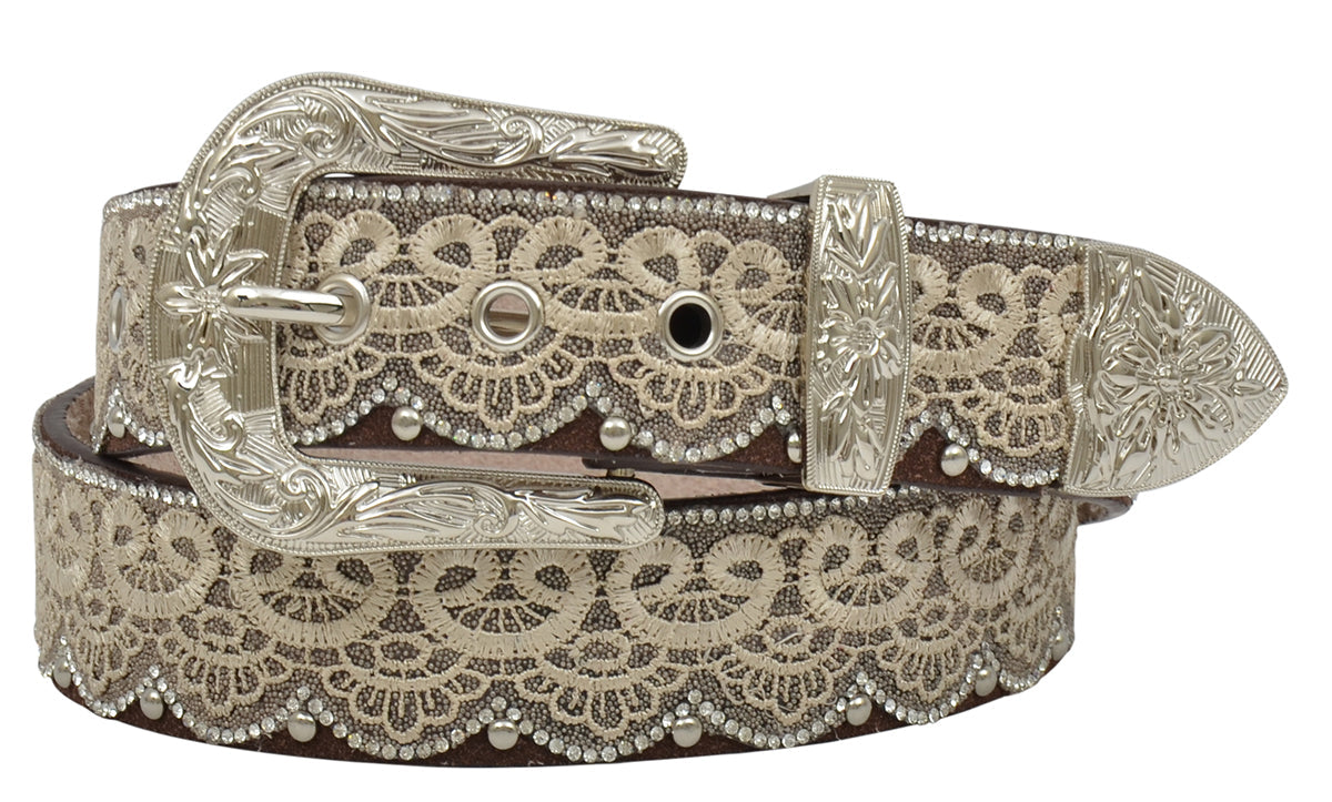 Ladies’ Lace Brown Leather Belt with Clear Crystals