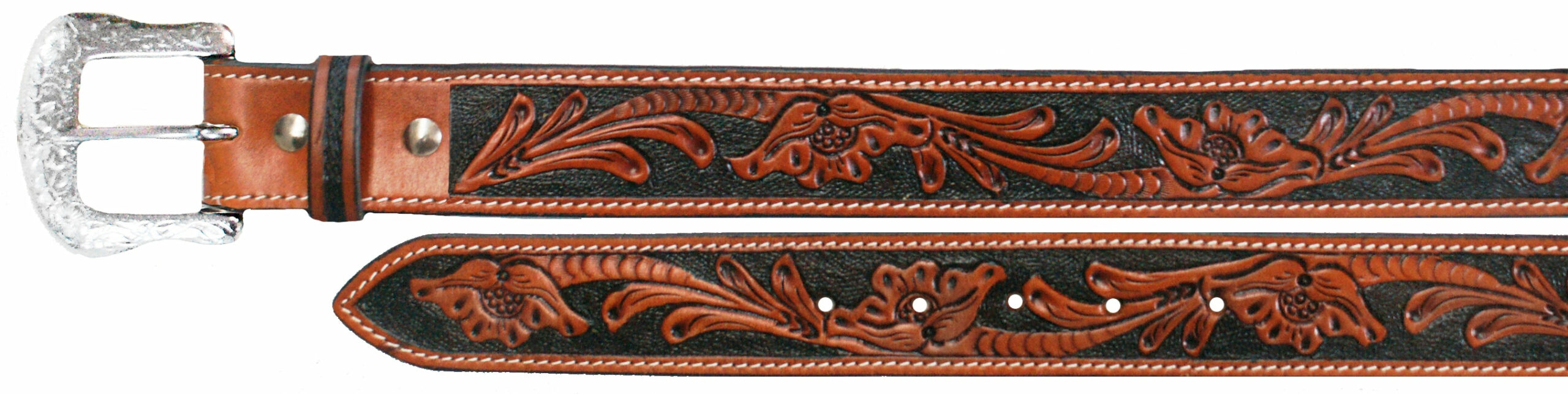 Floral Tooled Leather Men’s Belt with Black Background