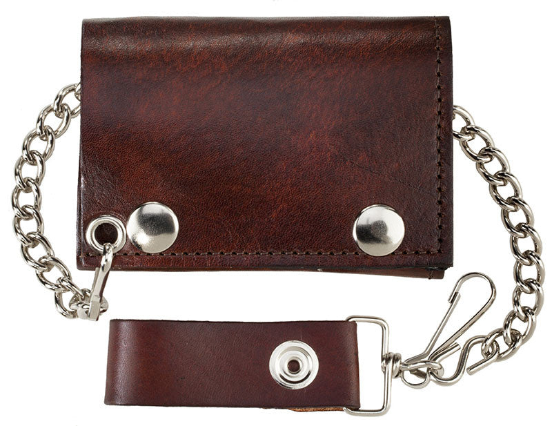 Antique Leather Trifold Wallet with Chain (Made In The USA)