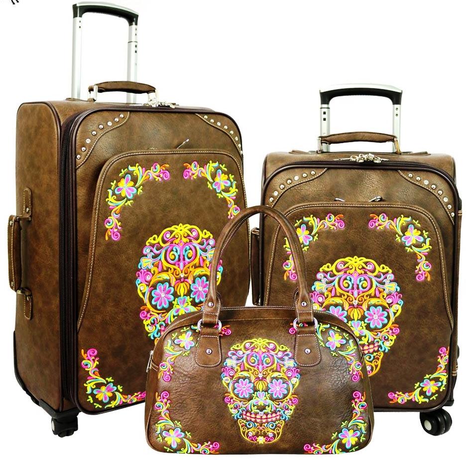 Sugar Skull 3-Piece Wheeled Luggage Set – Coffee