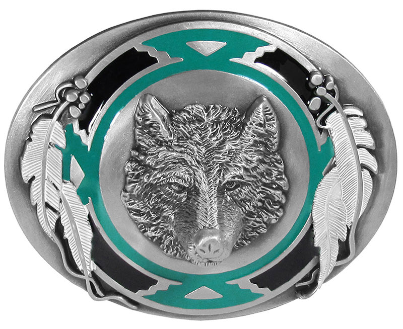 Wolf & Feather Enameled Belt Buckle 3-1/4″ x 2-1/2″