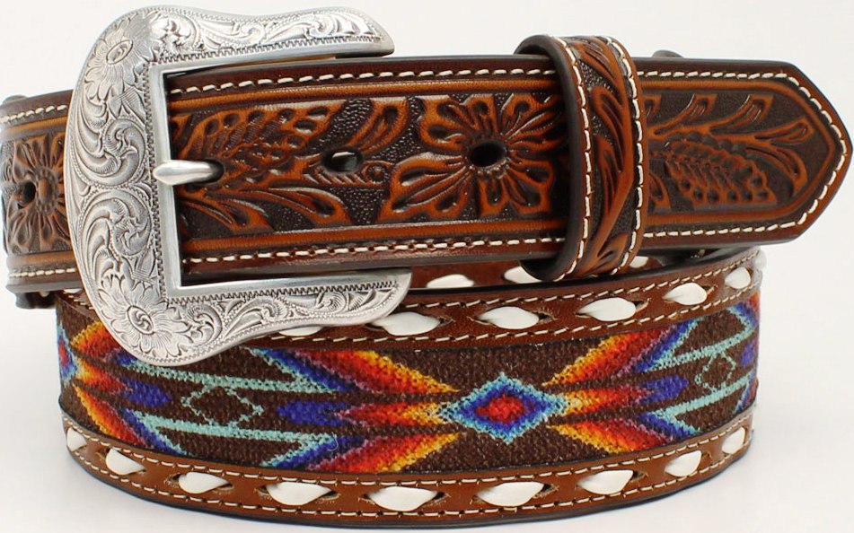 Men’s Aztec Buck Laced Ribbon Inlay Leather 1-1/2″ Belt by Nocona