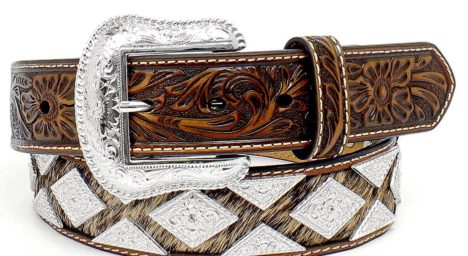 Men’s Western Tan Leather & Calf Hair Belt with Diamond Shaped Conchos