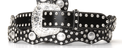 Western Scalloped Black Belt Leather Concho Rhinestones