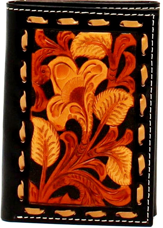 Western Tan, Black & Brown Tooled Tri-Fold Wallet