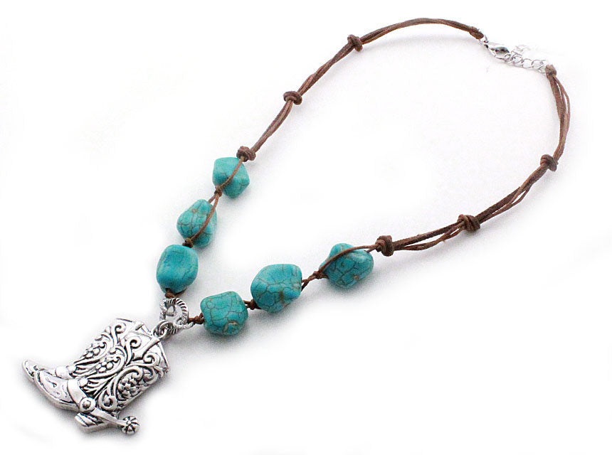 Antique Silver Boots Necklace with Turquoise