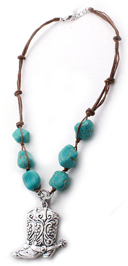 Antique Silver Boots Necklace with Turquoise