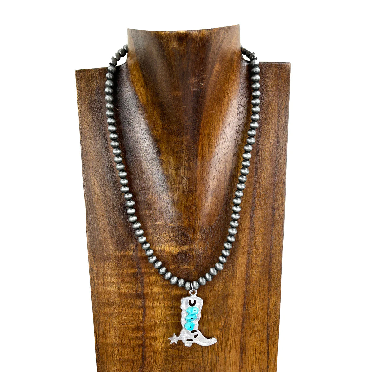 Navajo Pearl Necklace (17″) with Metal Cowboy Boot Pendant