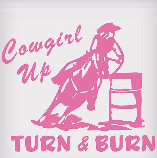 Cowgirl Up – Turn & Burn Barrel Racer Sticker (5-1/2″ x 5″)