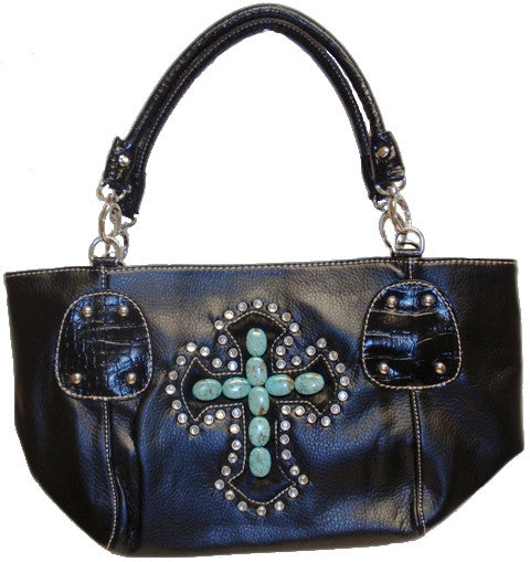 Western Ladies’ Black Leather Purse with Turquoise/Hair-On Cross