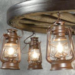 Western Large Wagon Wheel Chandelier with Antique Rustic Lanterns – 42″