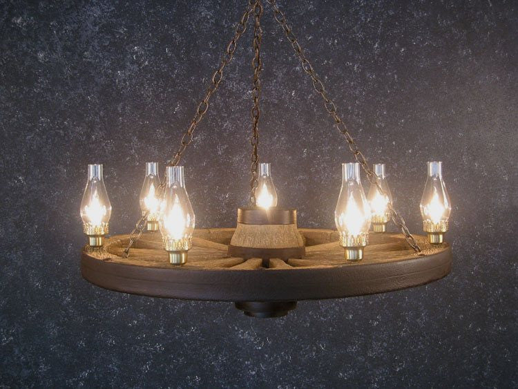 Large Wagon Wheel Chandelier with 7 Chimney Lights – 42″