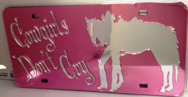 “Cowgirls Don’t Cry” Western Mirrored License Plate Pink Dark