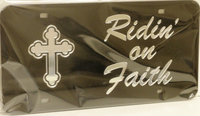 “Riding on Faith” Mirrored License Plate Dark