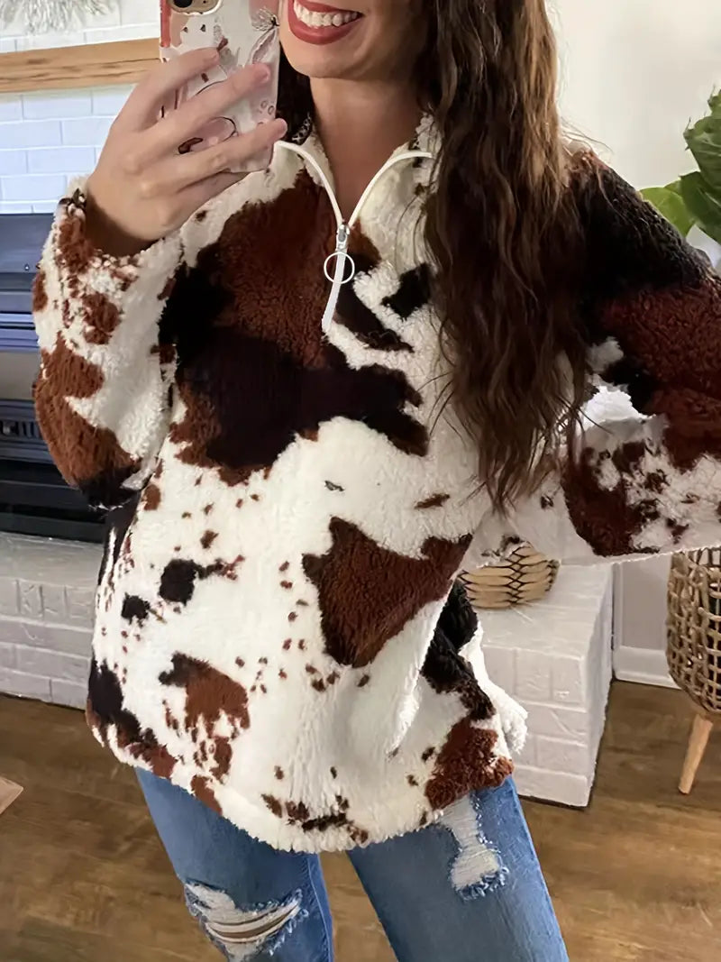 Cowhide Print Fuzzy Sweatshirt