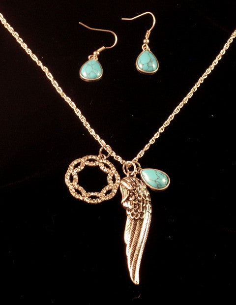 Western Antique Silver Feather Necklace with Matching Turquoise Earrings