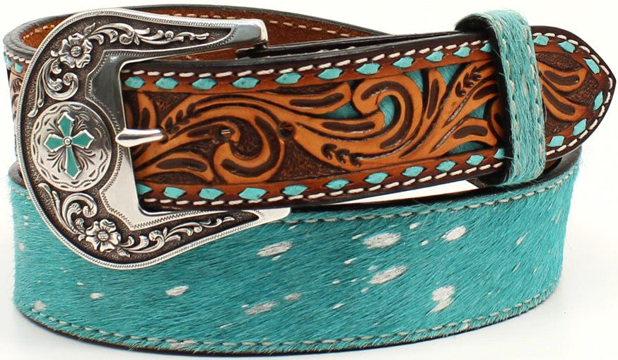 Ladies’ Western Belt with Turqoise Calf Hair (1-1/2″)