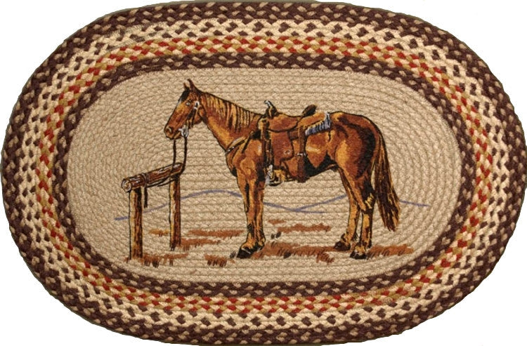 “Parked Horse” Western Hand Stenciled Oval Jute Rug