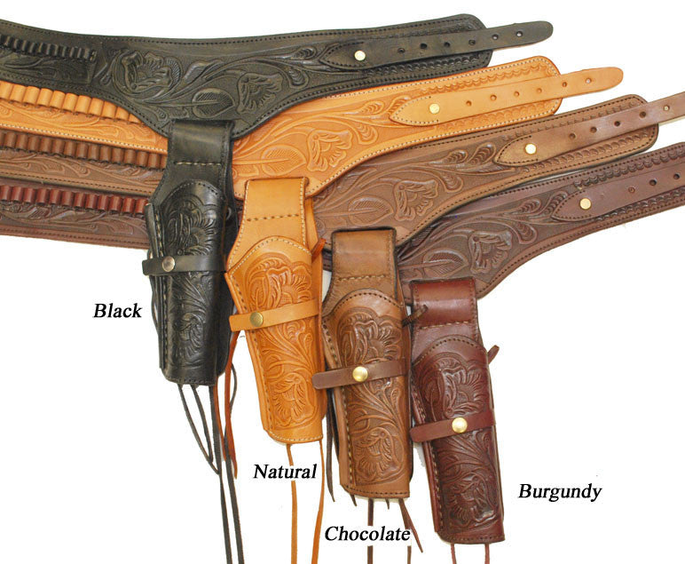 Hand Tooled Leather Gun Belt with Single Holster – .45 Caliber