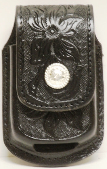 Western Black Floral Tooled Cell Phone Holder for Razor with Round Silver Concho