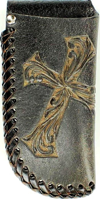 Western Leather Knife Sheath Large with Diagonal Cross Black