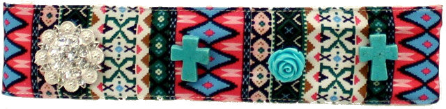 Western Tribal Fabric Headband with Turquoise Crosses