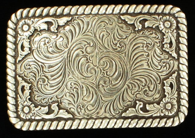 Men’s Silver Rectangular Scrolled Belt Buckle