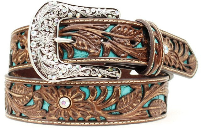 Ladies’ Western Brown Leather Belt with Turquoise Inlay 1-1/2″