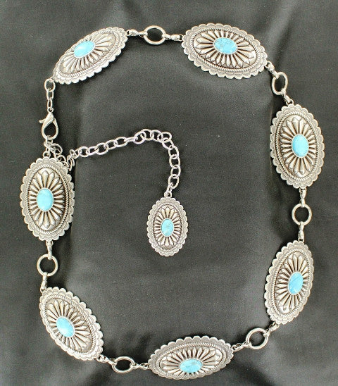 Ladies’ Western Silver Belt with Oval Turquoise Conchos