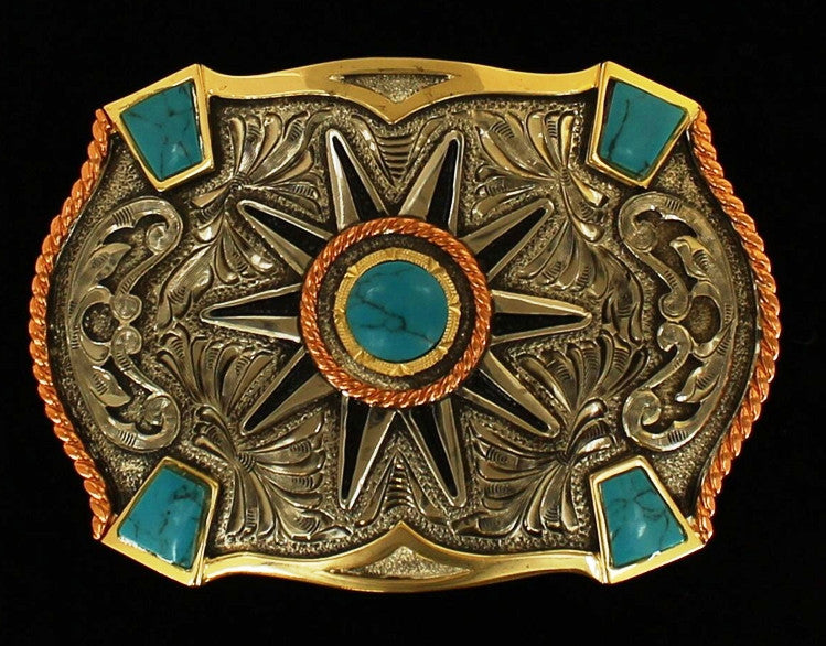 Western Rowel Silver & Gold Belt Buckle with Turquoise Stones