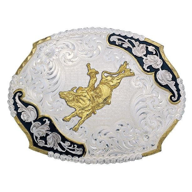 Antique Leaves Western Belt Buckle with Gold Bull Rider