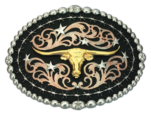 Western Tri-Color Longhorn Belt Buckle