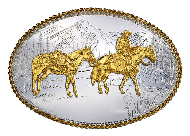 Etched Mountains Western Belt Buckle with Pack Horse & Rider