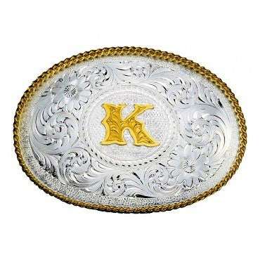 “Choose Your Initial” Silver Engraved Gold Trim Western Belt Buckle