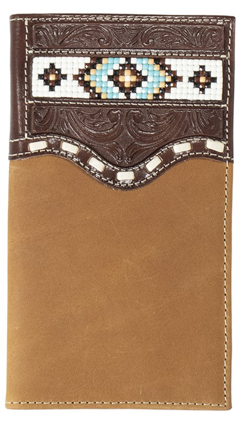 “Nocona” Western Leather Brown Rodeo Wallet with Beaded Inlay