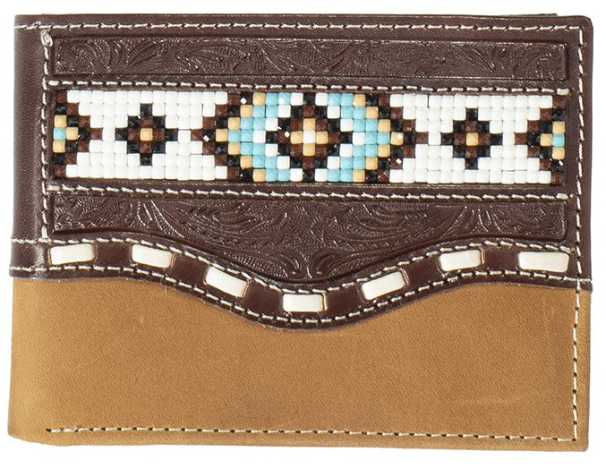 “Nocona” Western Leather Brown Bi-Fold Wallet with Beaded Inlay