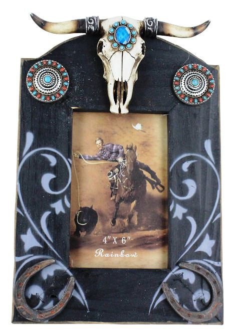 Western Photo Frame with Longhorn Skull, Horseshoes and Conchos