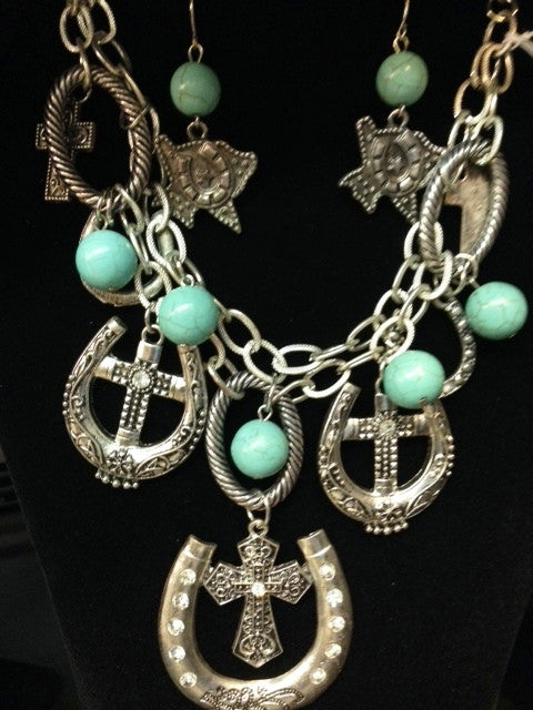 Western Horseshoes and Crosses Necklace with Texas Earrings