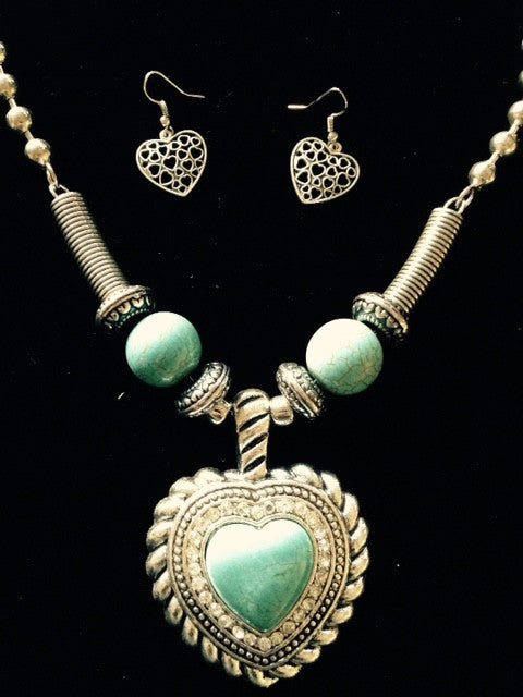 Western Silver & Turquoise Heart Necklace with Heart Earrings